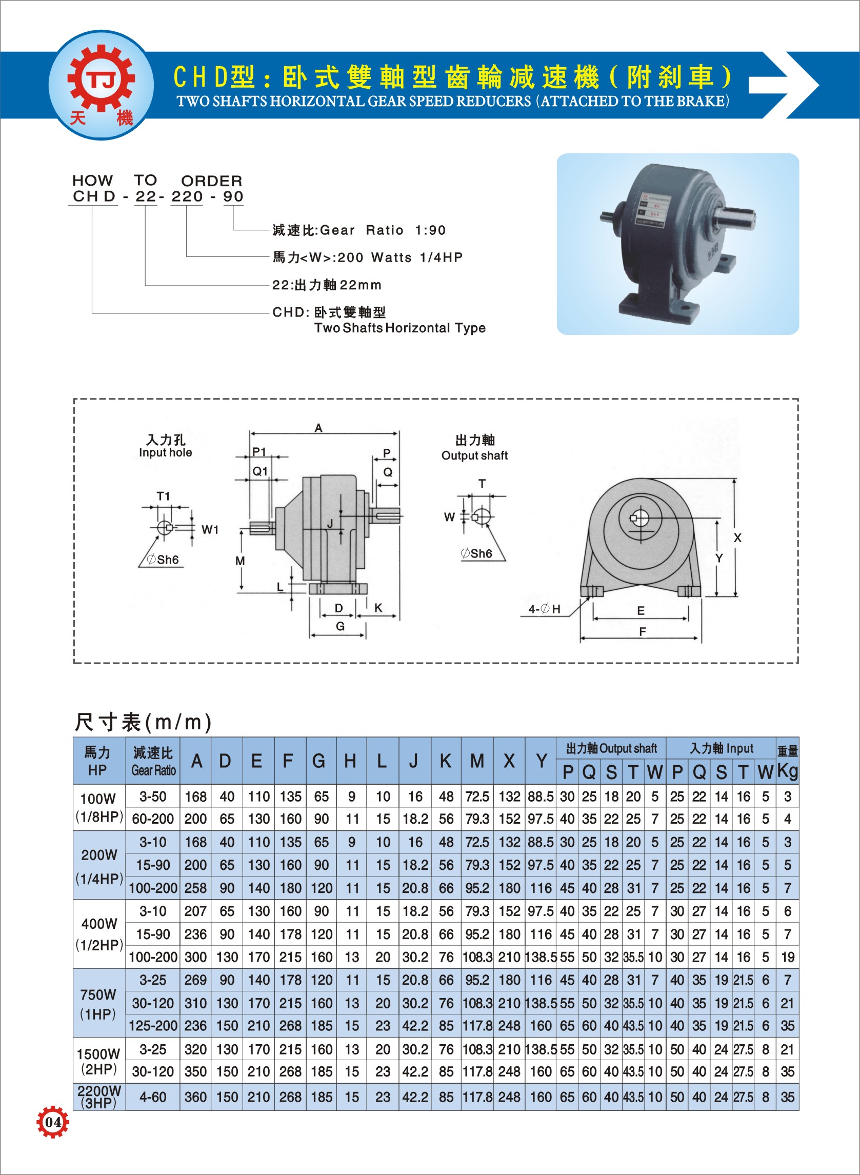 卧式双轴齿轮减速机参数图